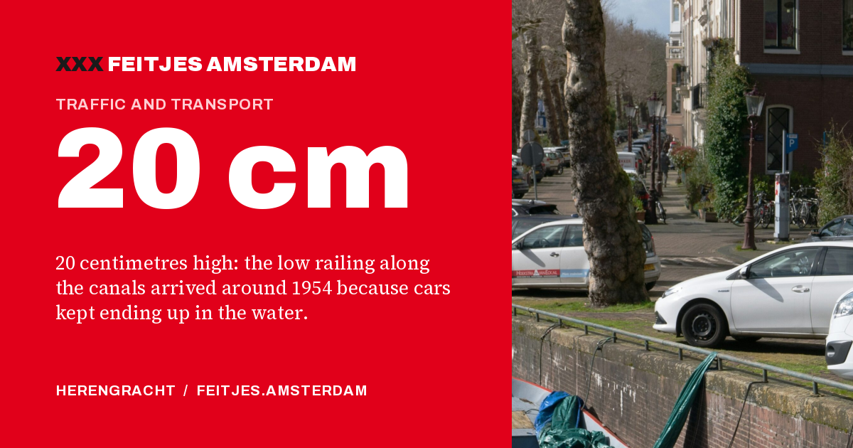 20 cm: 20 centimetres high: the low railing along the canals arrived around 1954 because cars kept ending up in the water.