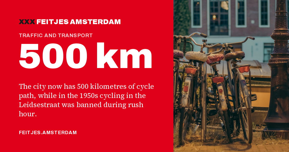 500 km: The city now has 500 kilometres of cycle path, while in the 1950s cycling in the Leidsestraat was banned during rush hour.