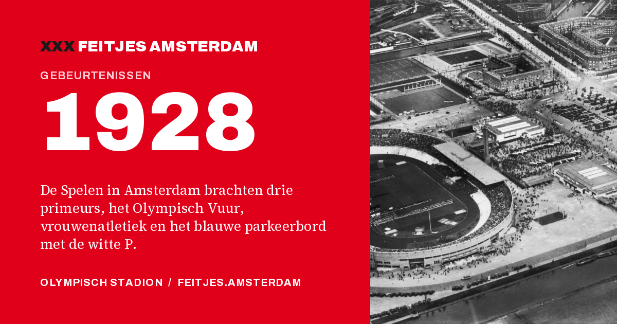 1928: 1928: de Spelen in Amsterdam brachten drie primeurs, het Olympisch Vuur, vrouwenatletiek en het blauwe parkeerbord met de witte P.
